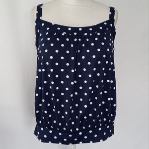 Lands' End Women's Blouson Tummy Hiding Tankini Top Blue Polka Dot Size 10